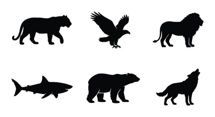 Obraz premium Wild Animal Silhouettes: Tiger, Eagle, Lion, Shark, Bear, Wolf Icons for Nature and Wildlife Designs