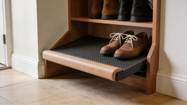 Wooden shoe rack with pull-out step and brown shoes