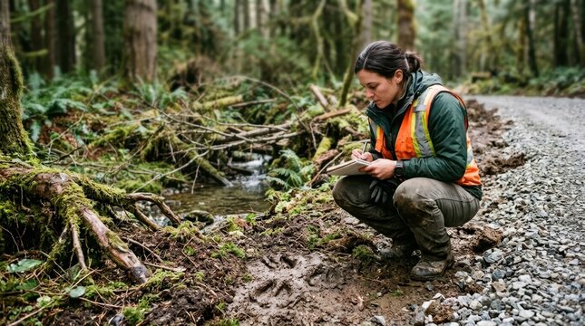 Forest ecologist kneeling beside a gravel road cut examining moss, elk tracks and a stream, illustrating habitat fragmentation