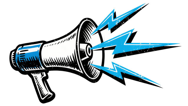 Retro megaphone emitting blue lightning bolts, isolated on transparent background