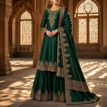 A luxurious sharara set for women in deep emerald silk with intricate gold zari embroidery