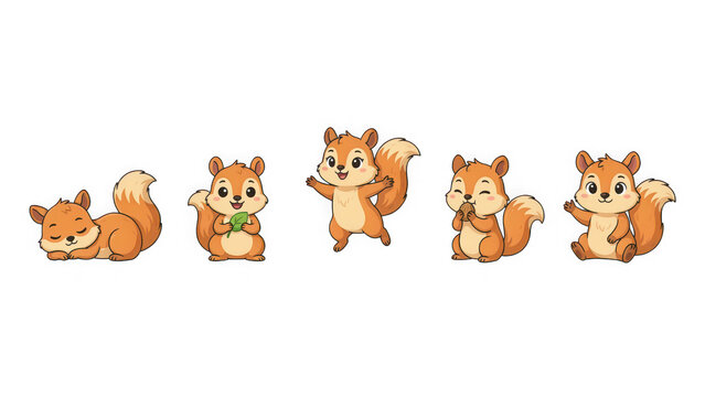 Set of cute cartoon squirrel characters in different poses isolated on white background transparent background