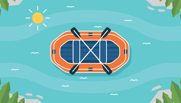 Inflatable orange raft boat with oars floating on clear blue river or lake water seen from above in flat vector style.
