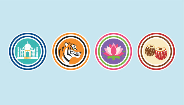 Indian cultural icons set in circular badges including Taj Mahal, royal Bengal tiger, lotus, and tabla drums vector.