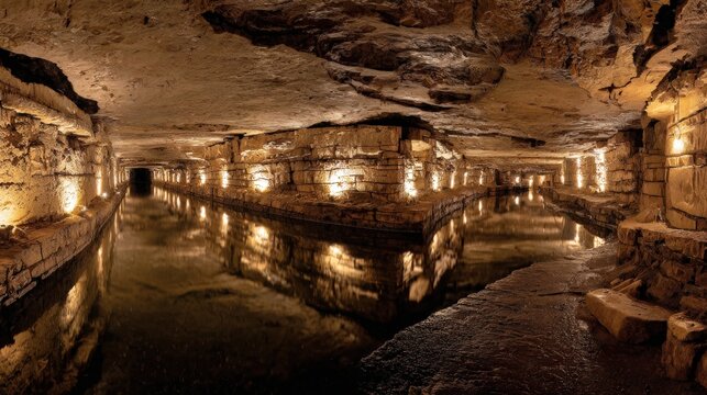 Luminous River Reflections in a Vast Cave Chamber