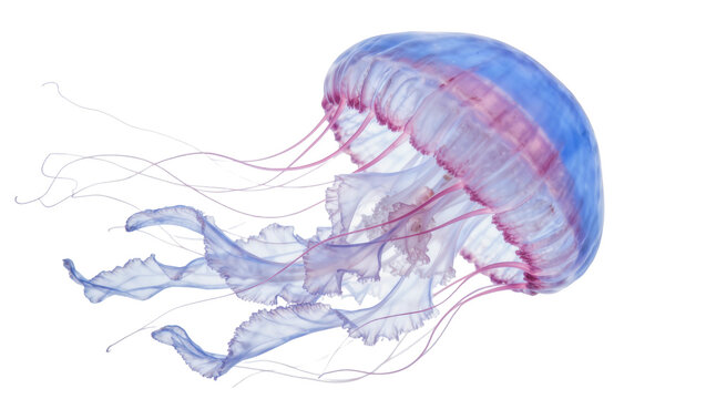 Translucent blue and pink jellyfish with long tentacles, isolated on transparent background