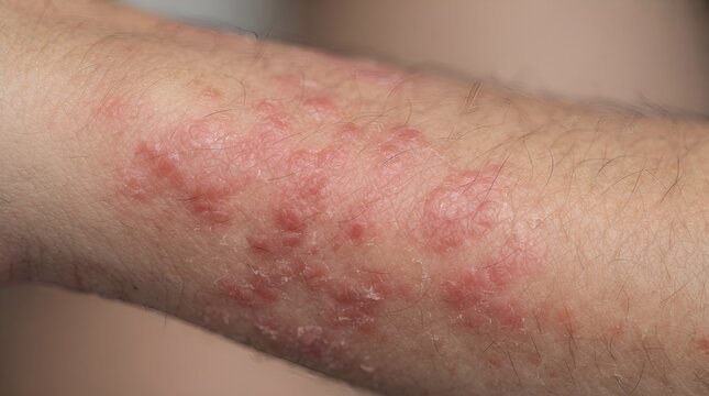 Close up view of human arm with severe skin rash and inflammation.
