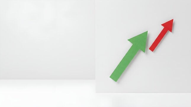 Minimalist background featuring green and red upward trending arrows on a white wall.