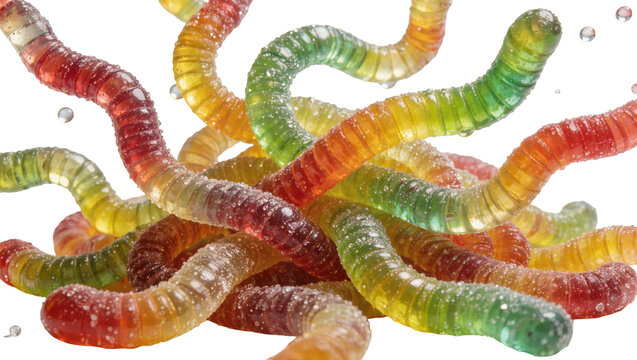 Pile of colorful gummy worms with sugar coating, isolated on transparent background