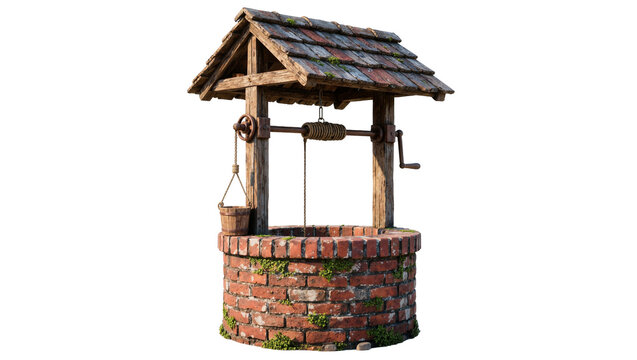 Rustic brick well with wooden roof and bucket, isolated on transparent background
