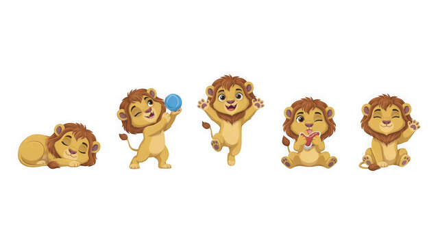 Set of cute little lion cartoon characters in various action poses isolated on white background transparent background