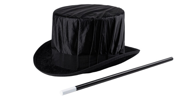 Black velvet top hat and magic wand, isolated on transparent background