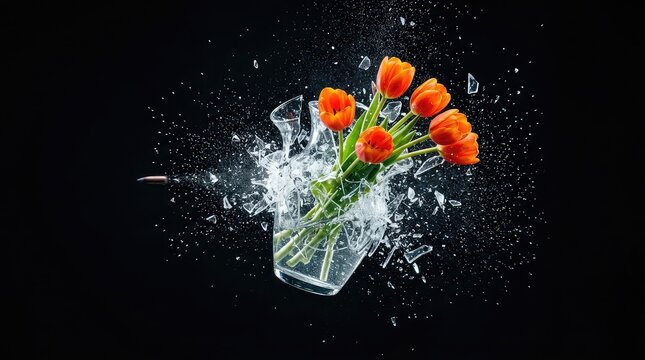 High-speed photograph capturing a bullet shattering a glass vase with orange tulips, frozen shards and water spraying in mid-air on black, explosion, impact, flying