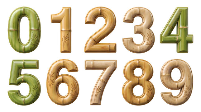 Numbers set crafted from bamboo stalks from zero to nine isolated on white background