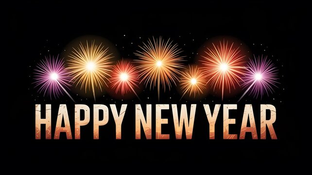 Festive happy new year typography with vibrant fireworks and sparkling light effects