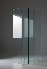Obraz premium Transparency and clarity concept, architectural glass panels standing in a row with light reflection and shadows in a minimalist interior studio space