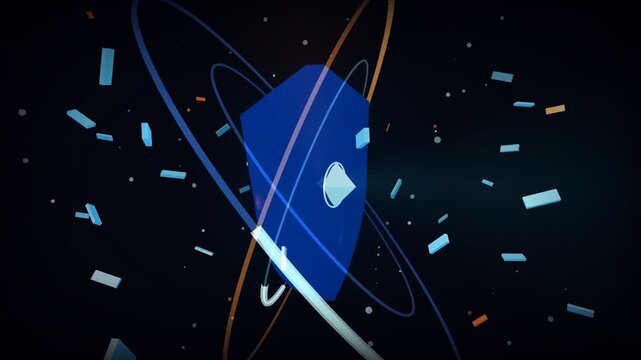 Blue shield icon with lock glyph rotating amid orbiting rings and floating fragments