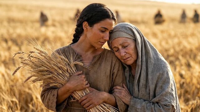 Ruth and Naomi Embrace Tenderly in a Golden Wheat Field During Harvest Symbolizing Biblical Loyalty Family Love Faith Devotion Hope Compassion Providence and Sacred Old Testament Story