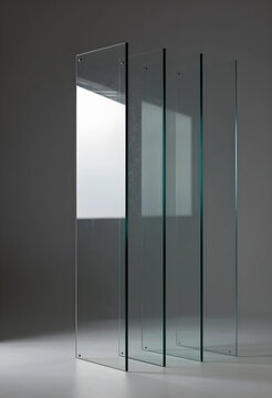 Transparency and clarity concept, architectural glass panels standing in a row with light reflection and shadows in a minimalist interior studio space