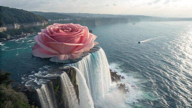 Giant blooming pink rose emerging from a coastal cliffside waterfall with waterfall landscape dramatic conceptual environment artistic