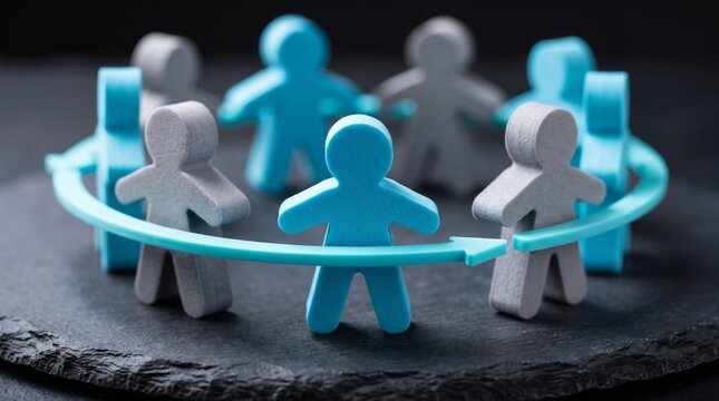 Miniature blue and grey human figurines arranged in a circular formation featuring a connected arrow indicating progress and teamwork unity