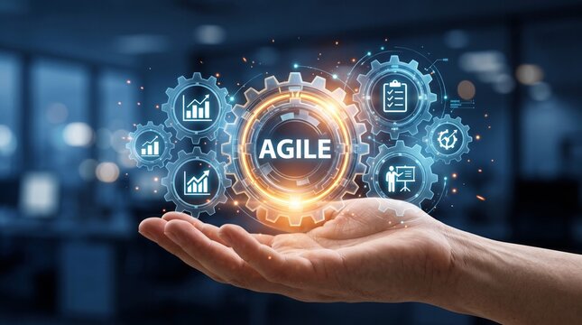 Agile methodology concept displayed through glowing rotating mechanical gear icons hovering above human palm in high resolution digital studio environment