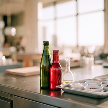 Green, Red, and Clear Glass Condiment Bottles with Seasoning Bowls on Stainless Steel Commercial Kitchen Counter