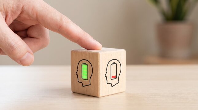 Human finger touches wooden block featuring profile silhouettes with full and empty battery icons representing mental energy and burnout levels