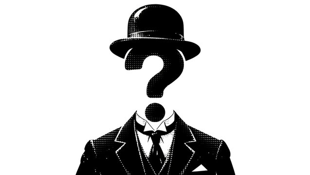 Black question mark head man in suit and bowler hat, isolated on transparent background