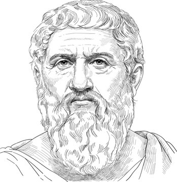 Plato, ancient Greek philosopher and student of Socrates, historical engraved portrait illustration in black and white.