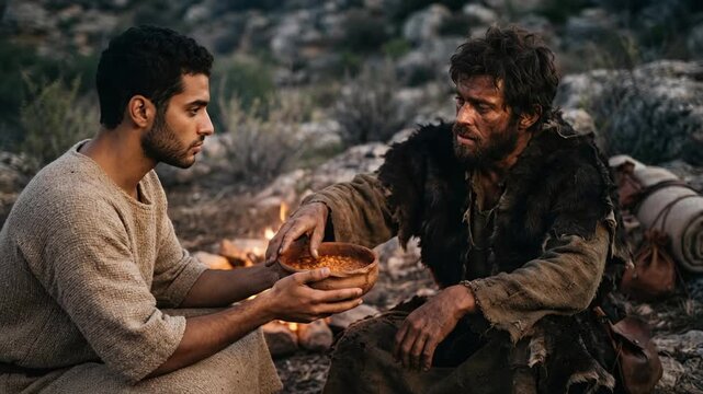Esau Trades His Birthright to Jacob for a Bowl of Stew in a Biblical Genesis Scene Symbolizing Temptation Deception Family Conflict Inheritance Faith Consequences Covenant Legacy and Destiny