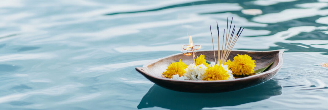 Loy Krathong festival with floating flowers and incense on water, background