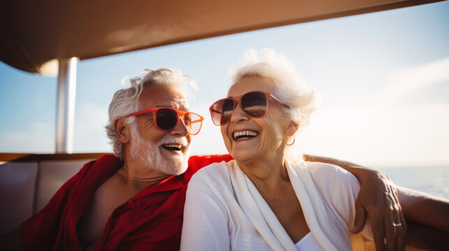 Elderly couple enjoying a summer boat ride during vacation under sunny skies