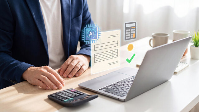 AI accounting and invoice automation concept. Businessman using laptop and calculator with AI chip, invoice document and coin hologram for smart bookkeeping, tax and financial audit