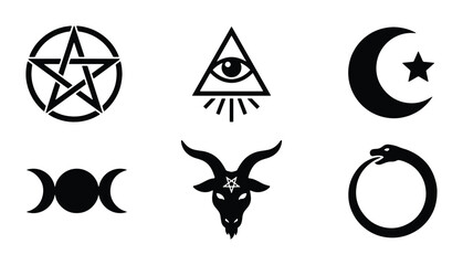 Fototapeta premium Esoteric Symbols Collection: Pentagram, Eye of Providence, Crescent Moon, Triple Moon, Baphomet, Ouroboros Icons