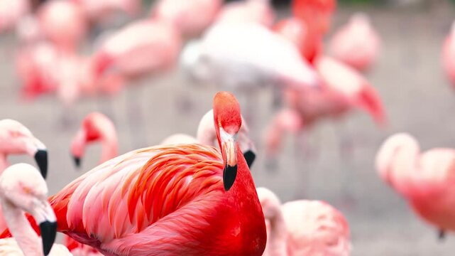 Bright pink flamingo standing close to camera while other birds blur
