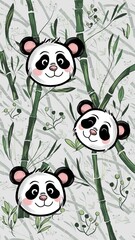 Cute Cartoon Panda Heads Pattern with Green Bamboo Stalks and Leaves Vertical Wallpaper © Faatih