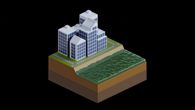 Coastal city buildings flooded by rising water surge, isometric 3D icon looping animation on transparent background, severe natural disaster environment for sea level rise.