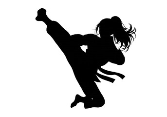 Black female martial artist silhouette performing a powerful high kick in a dynamic karate fighting pose. Isolated silhouette suitable for martial arts, karate, self defense, combat sports, fitness. © Jivikasourceoflife