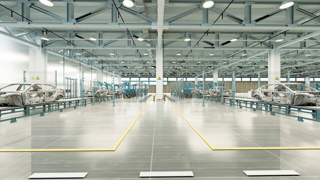 Car frames on automated assembly line