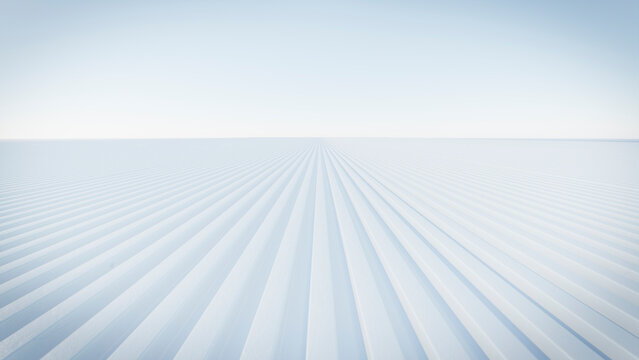 Industrial corrugated metal roof panels under blue sky