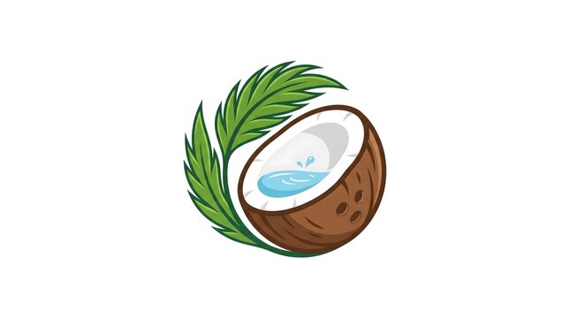 A vector illustration of a fresh half cut coconut shell filled with clear coconut water splashing inside, decorated with a green tropical palm leaf behind it, isolated on a white background.