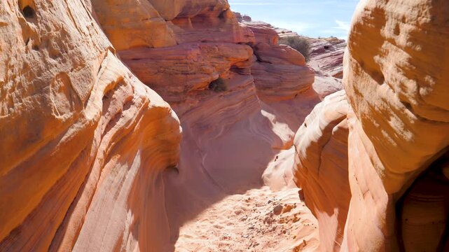 Narrow passage through wavy slot canyon in the american southwest. Revealing stunning layered patterns and smooth curves of red and orange sandstone walls on heat sunny day.