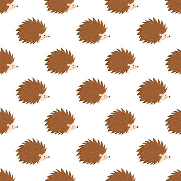 Cute hedgehog seamless pattern vector background with cartoon forest animal for fall baby nursery design and fabric print.