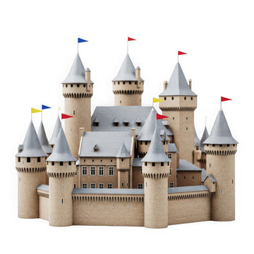 A large sand colored castle with many towers and flags on top