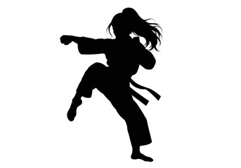 Black female martial artist silhouette performing a dynamic karate fighting pose with a powerful punch and raised kick. Ideal for martial arts, karate, self-defense, fitness, combat sports, training. © Jivikasourceoflife