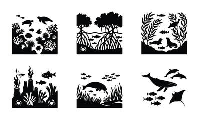 Fototapeta premium Marine Ecosystem Silhouettes: Coral Reef, Mangrove, Ocean Life, Aquatic Scenes, Underwater Wildlife, Vector Art