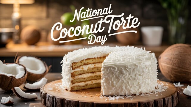 Delicious coconut torte with fresh coconuts and festive national day typography