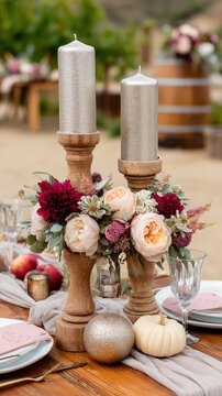 Colorful flowers arranged in wooden boxes sit on a rustic table, accompanied by pumpkins and sparkling candlelight in a cozy setting