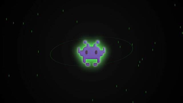 Retro alien character floating in dark digital space with glowing effect